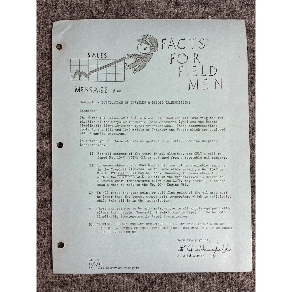 1944 Pure Oil Technical Bulletin #36 Chrysler DeSoto Transmission Lube Field Men